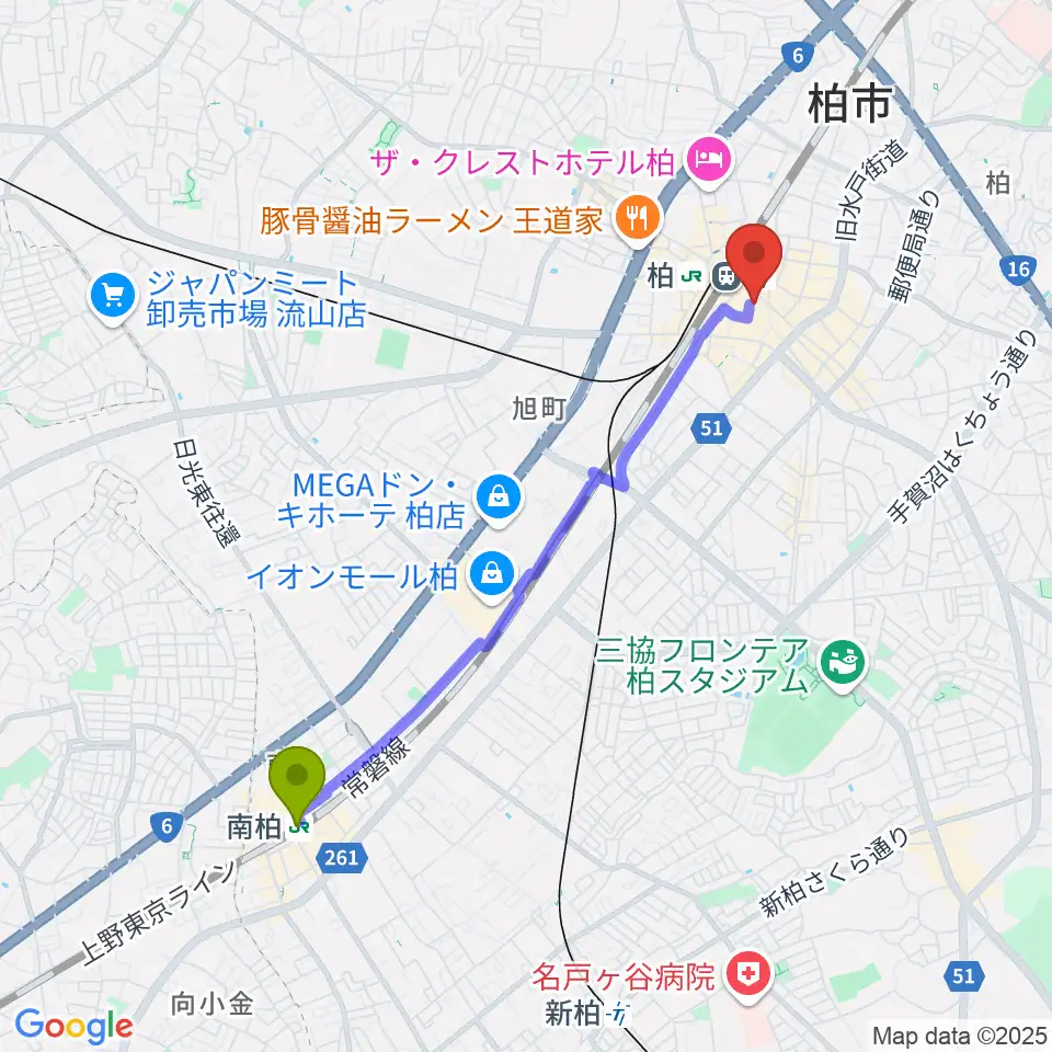 南柏駅から京北ホールへのルートマップ地図