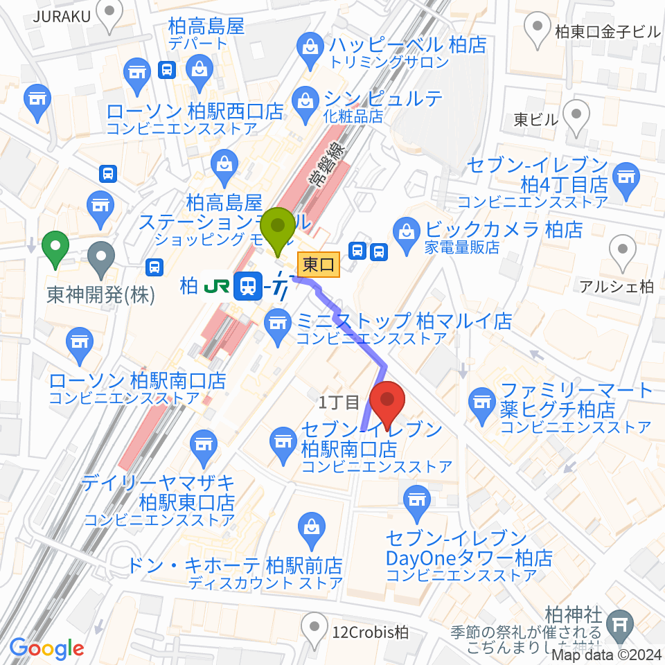 京北ホールの最寄駅柏駅からの徒歩ルート（約2分）地図
