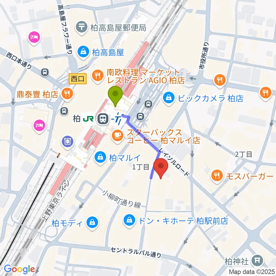 京北ホールの最寄駅柏駅からの徒歩ルート（約2分）地図