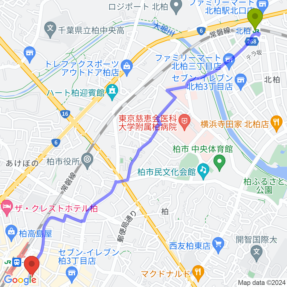 北柏駅から京北ホールへのルートマップ地図