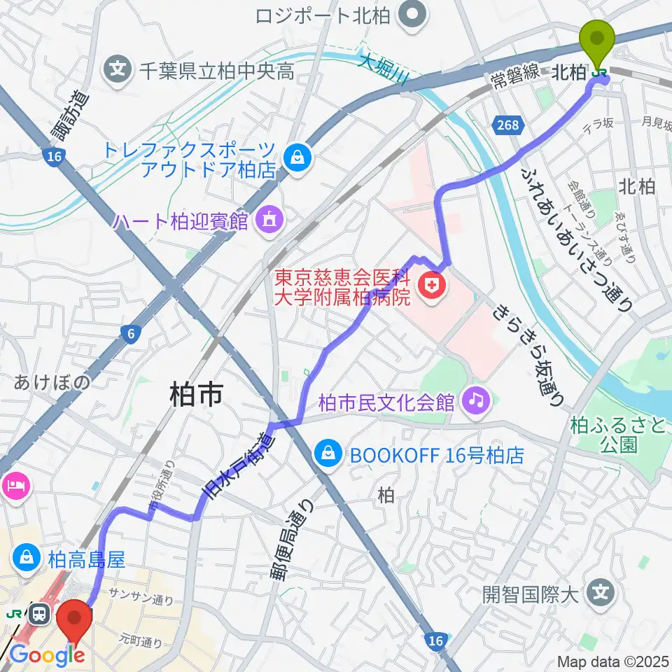 北柏駅から京北ホールへのルートマップ地図
