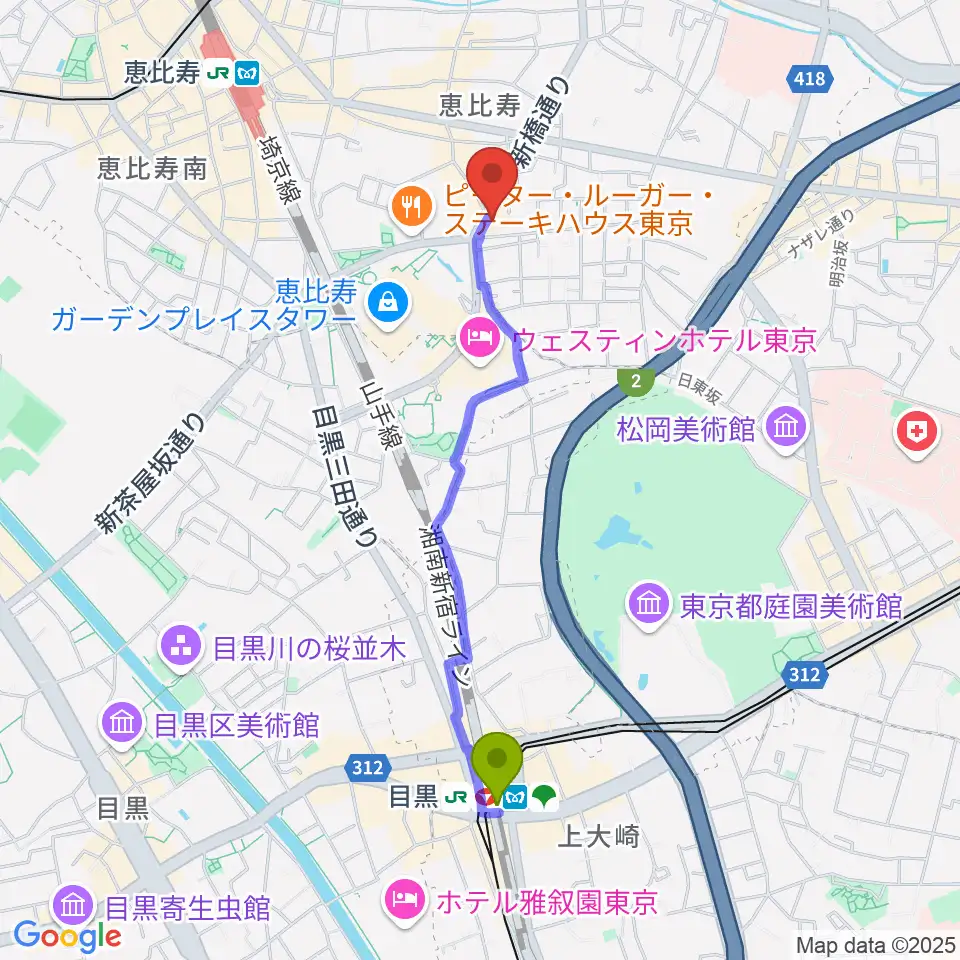 目黒駅から日仏会館ホールへのルートマップ地図