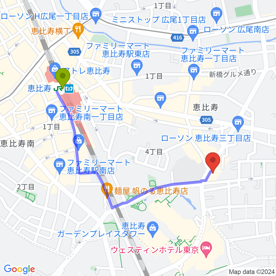 日仏会館ホールの最寄駅恵比寿駅からの徒歩ルート（約10分）地図