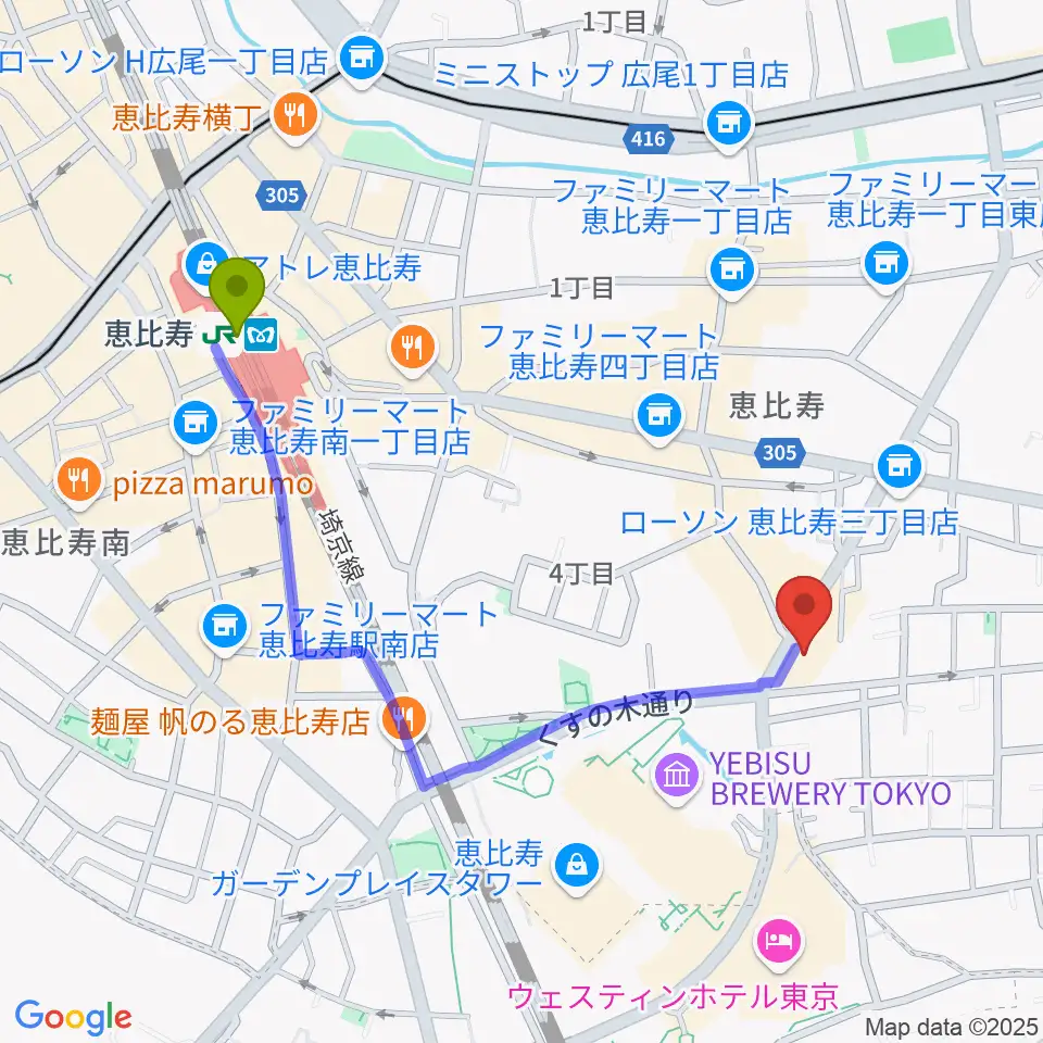 日仏会館ホールの最寄駅恵比寿駅からの徒歩ルート（約10分）地図