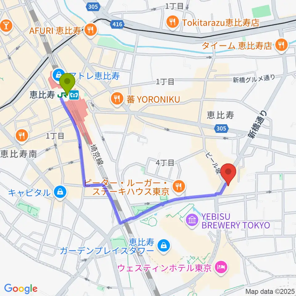 日仏会館ホールの最寄駅恵比寿駅からの徒歩ルート（約10分）地図