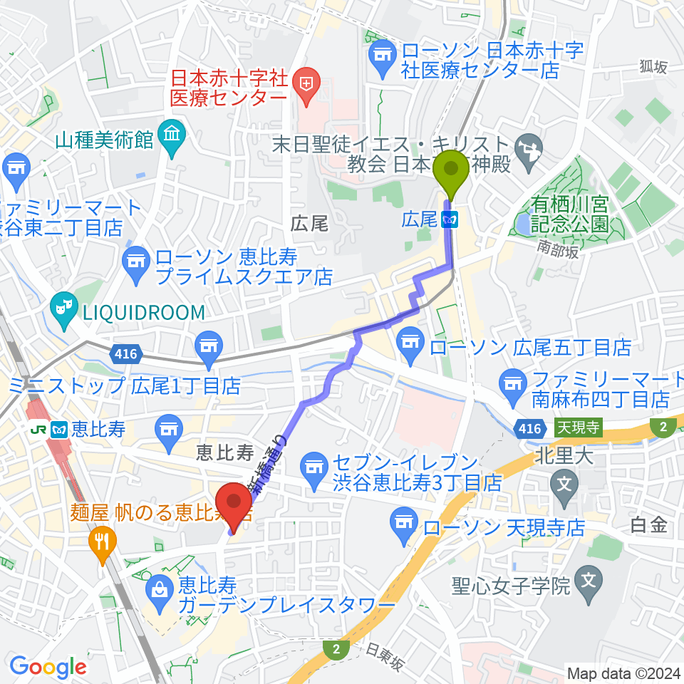 広尾駅から日仏会館ホールへのルートマップ地図