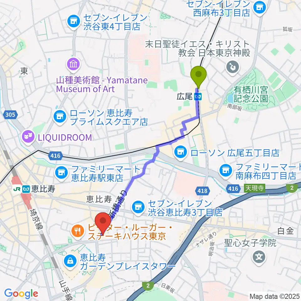 広尾駅から日仏会館ホールへのルートマップ地図