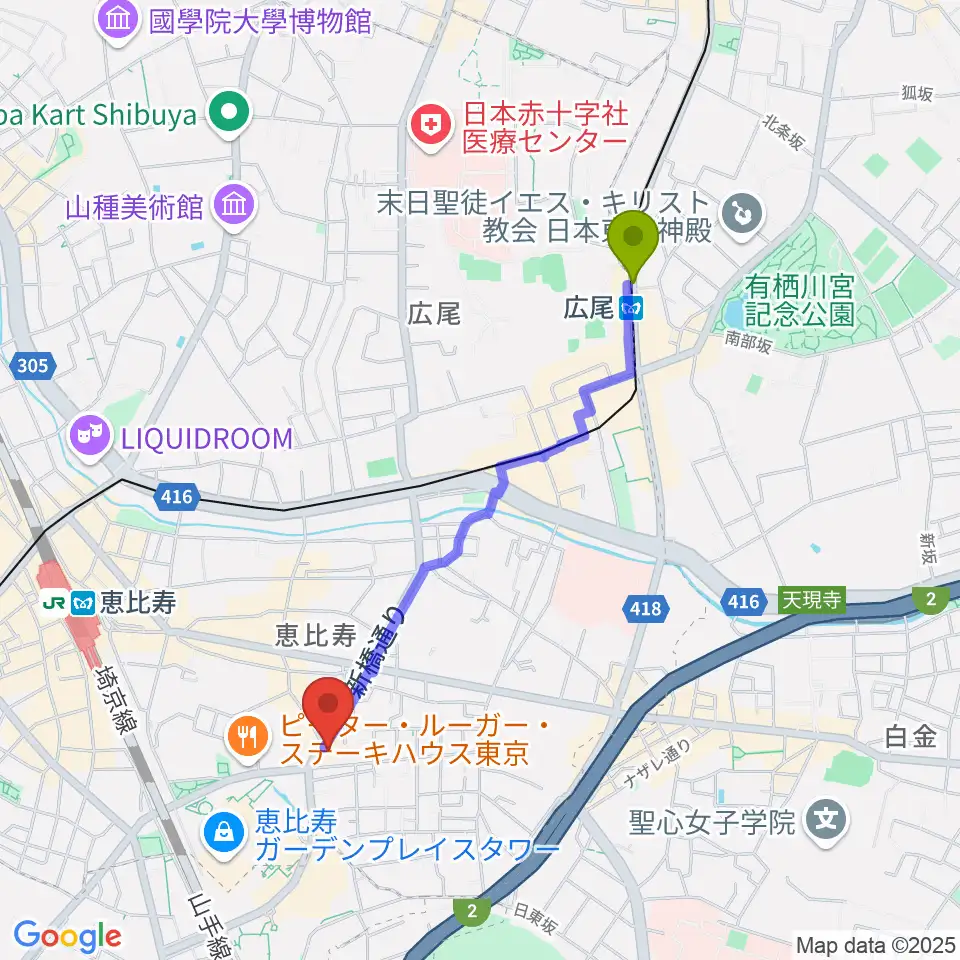広尾駅から日仏会館ホールへのルートマップ地図
