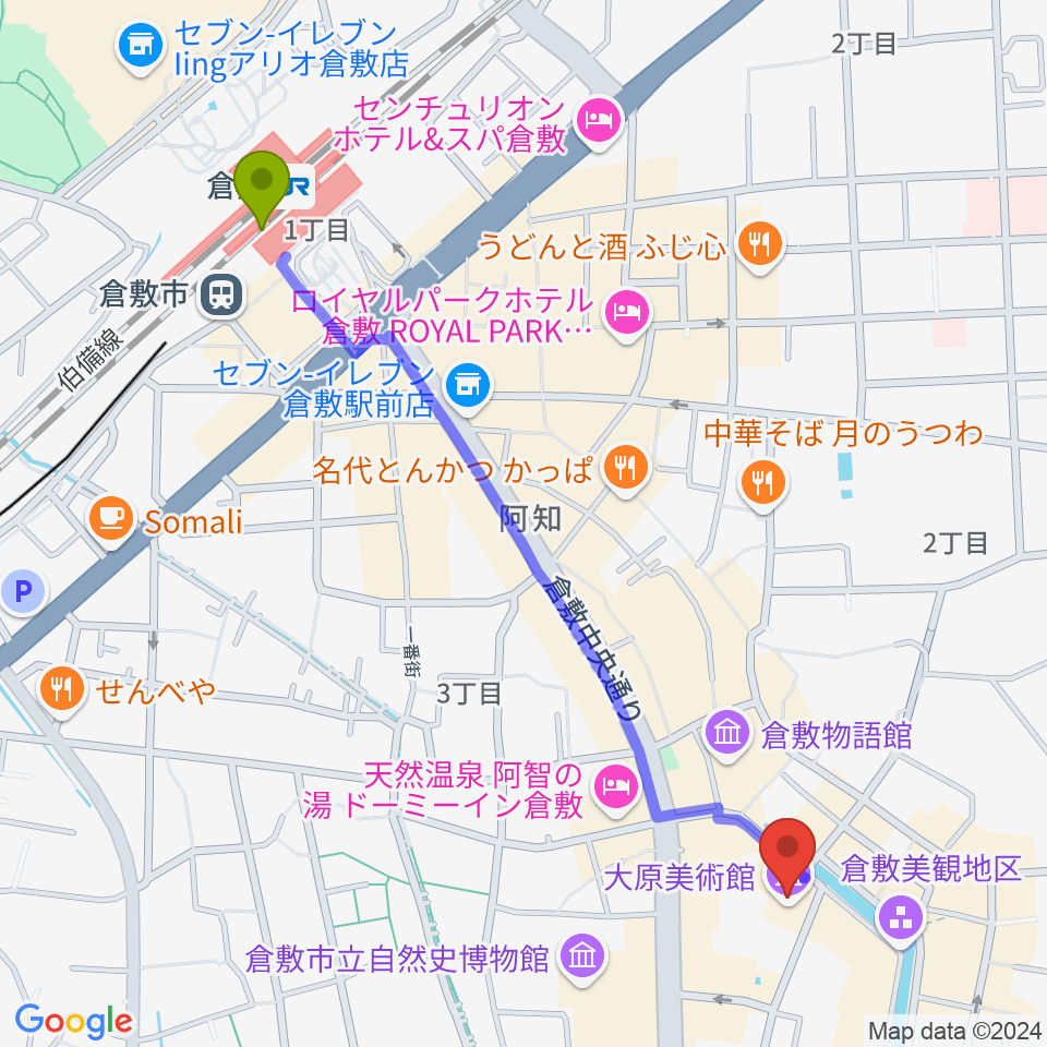 大原美術館の最寄駅倉敷駅からの徒歩ルート（約13分）地図