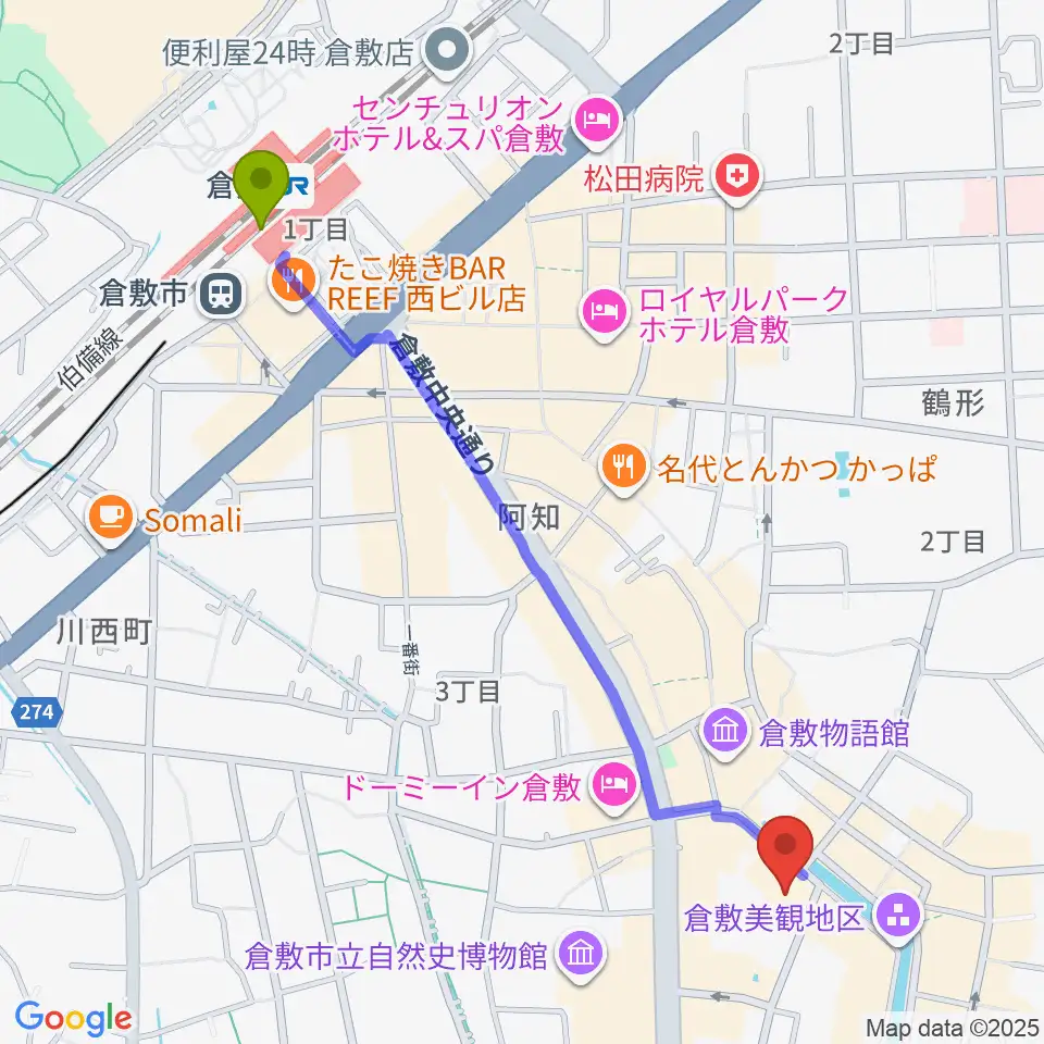 大原美術館の最寄駅倉敷駅からの徒歩ルート（約13分）地図
