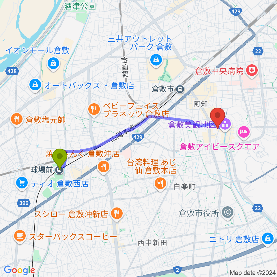 球場前駅から大原美術館へのルートマップ地図