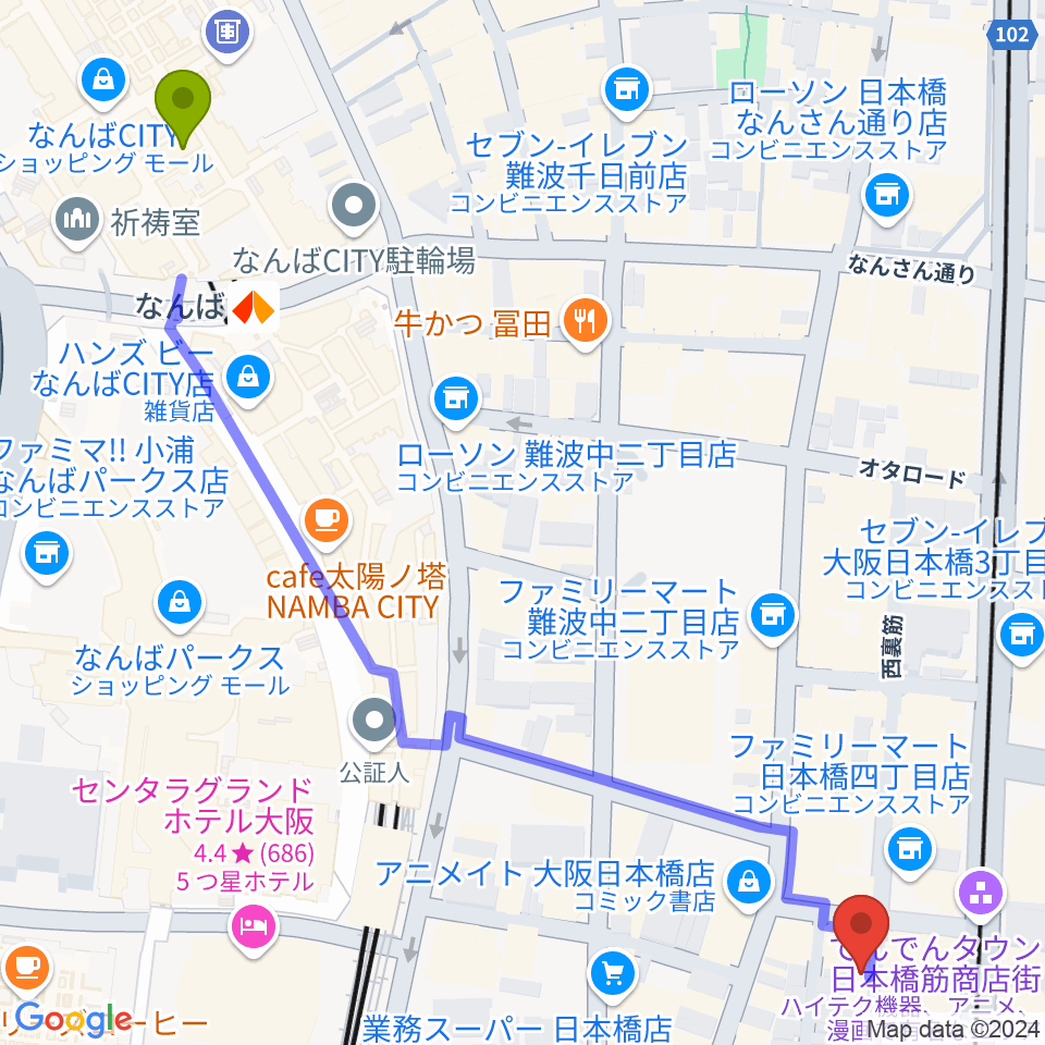 日本橋ポルックスシアターの最寄駅難波駅からの徒歩ルート（約8分）地図