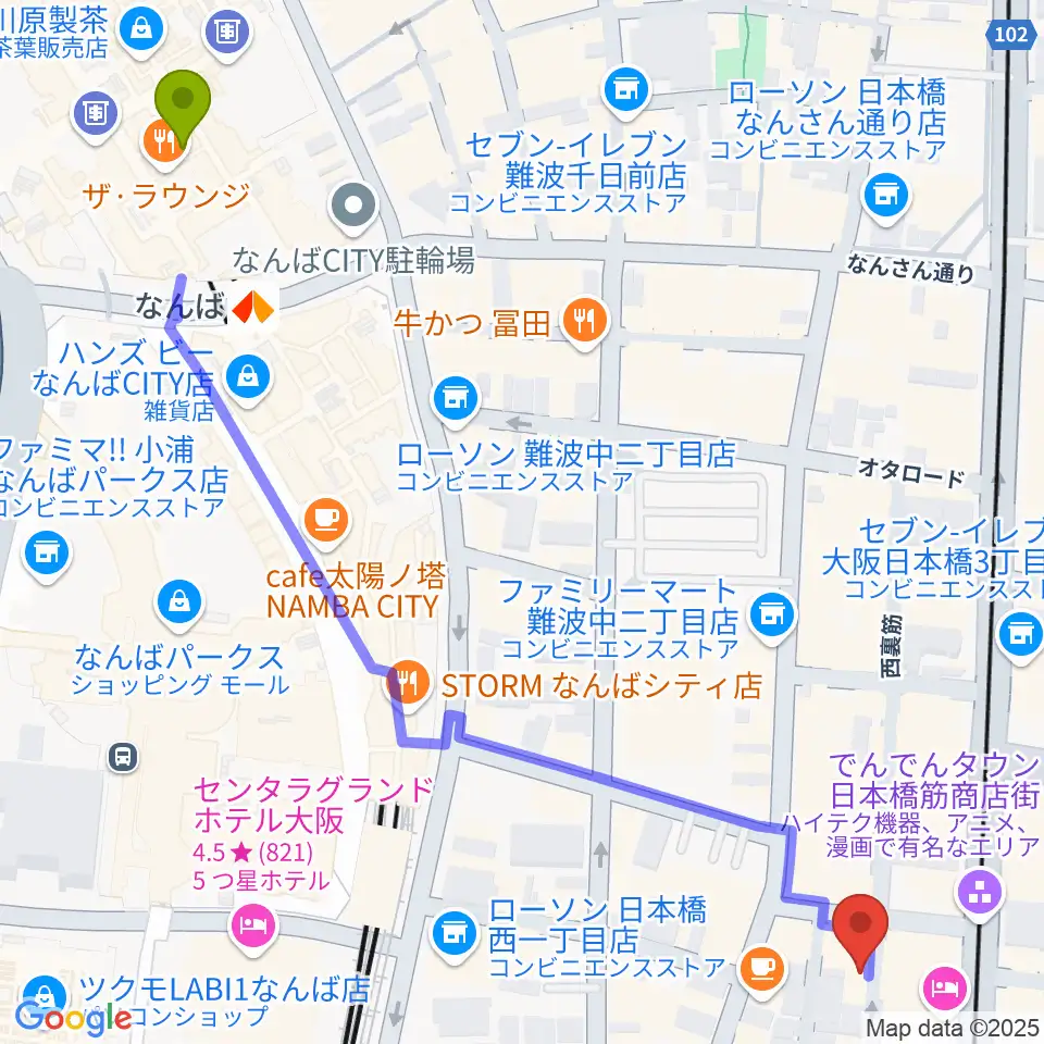 日本橋ポルックスシアターの最寄駅難波駅からの徒歩ルート（約8分）地図