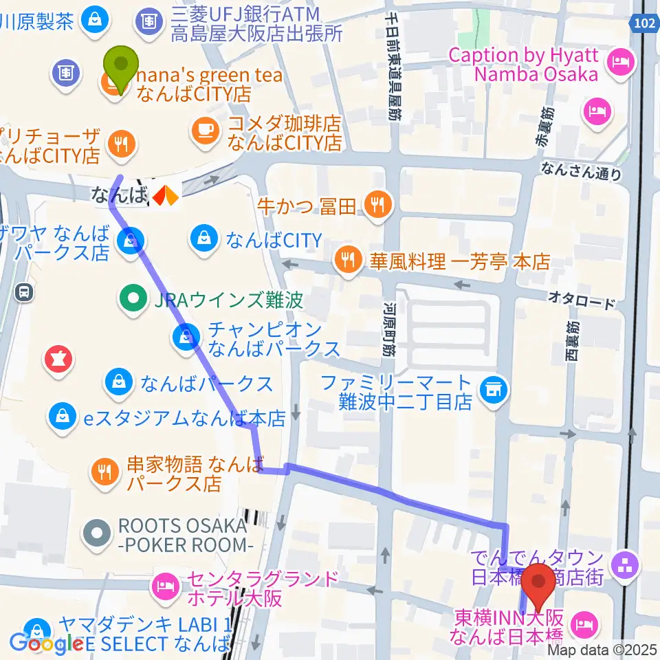 日本橋ポルックスシアターの最寄駅難波駅からの徒歩ルート（約8分）地図
