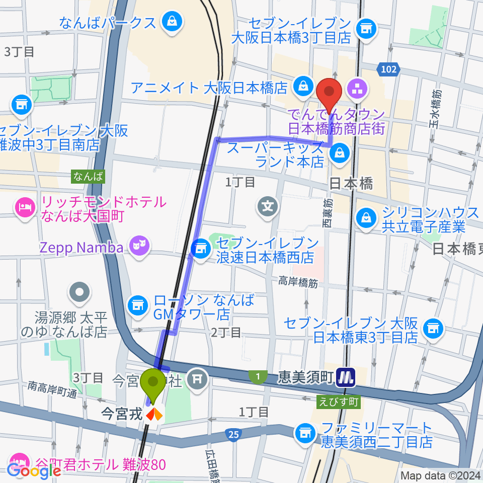 今宮戎駅から日本橋ポルックスシアターへのルートマップ地図