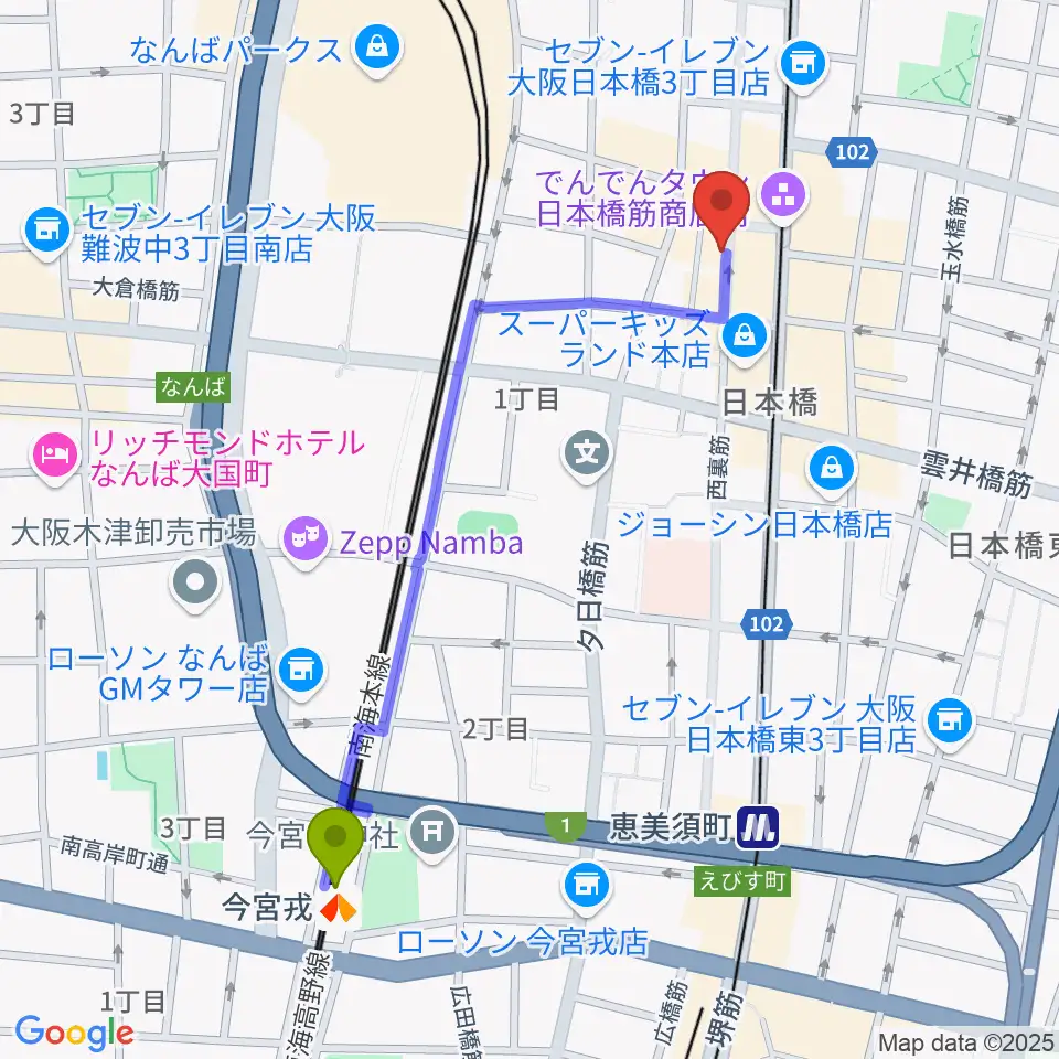 今宮戎駅から日本橋ポルックスシアターへのルートマップ地図