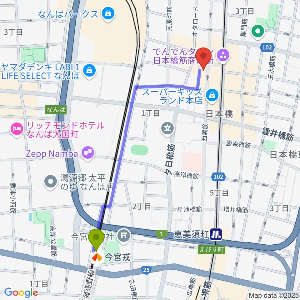 今宮戎駅から日本橋ポルックスシアターへのルートマップ地図
