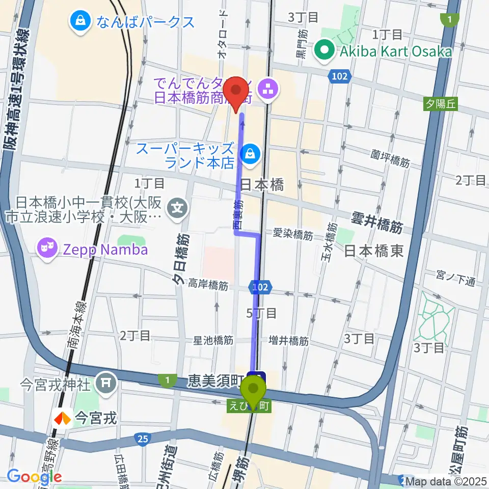 恵美須町駅から日本橋ポルックスシアターへのルートマップ地図