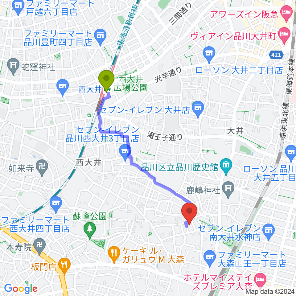 西大井駅から山王オーディアムへのルートマップ地図