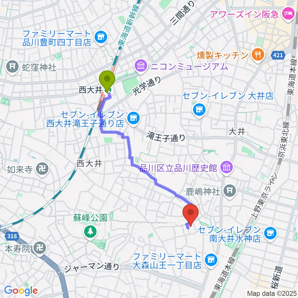 西大井駅から山王オーディアムへのルートマップ地図