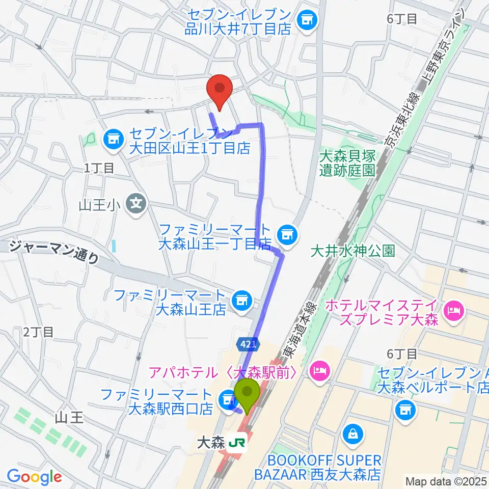 山王オーディアムの最寄駅大森駅からの徒歩ルート（約10分）地図
