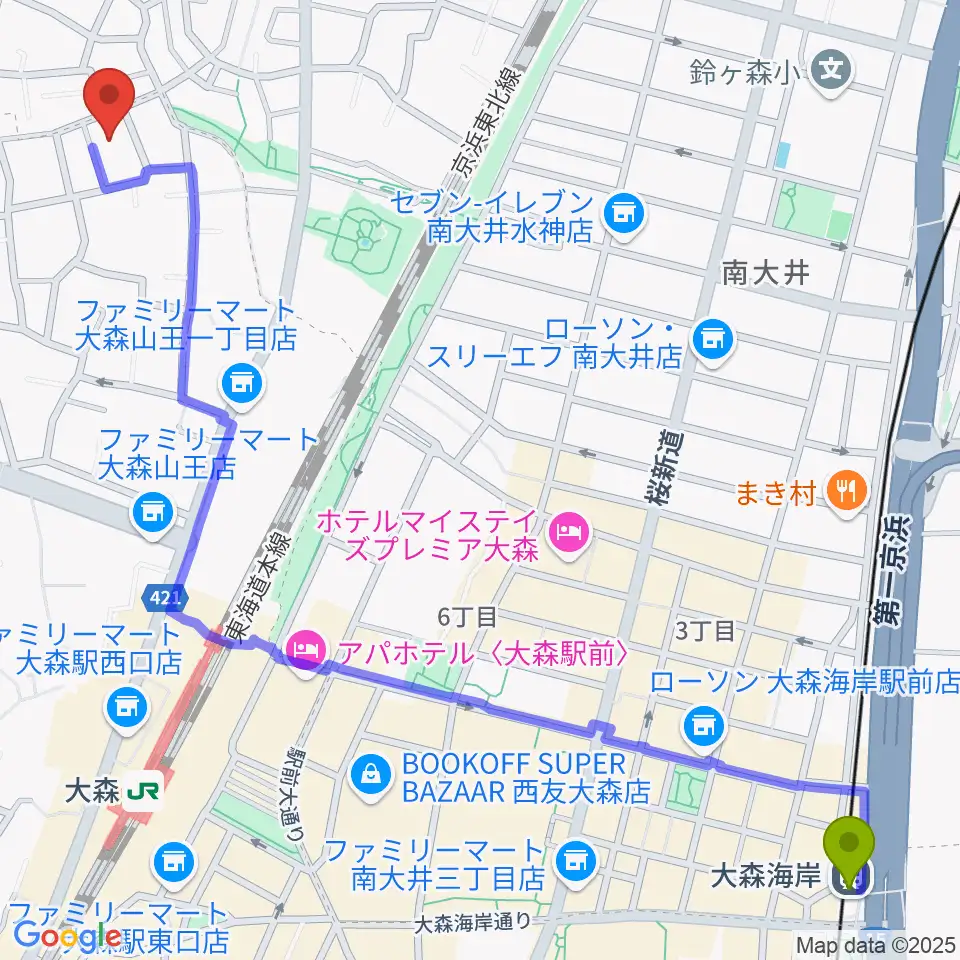 大森海岸駅から山王オーディアムへのルートマップ地図