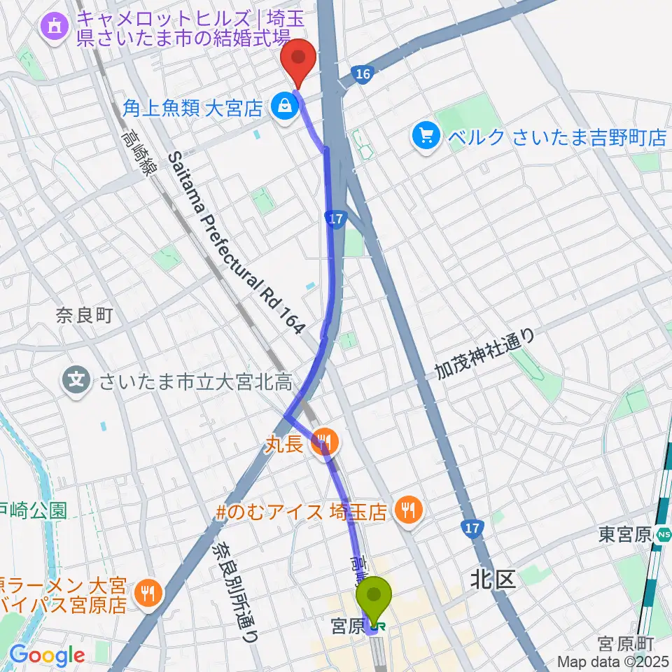 宮原駅からさいたまピアノ工房へのルートマップ地図