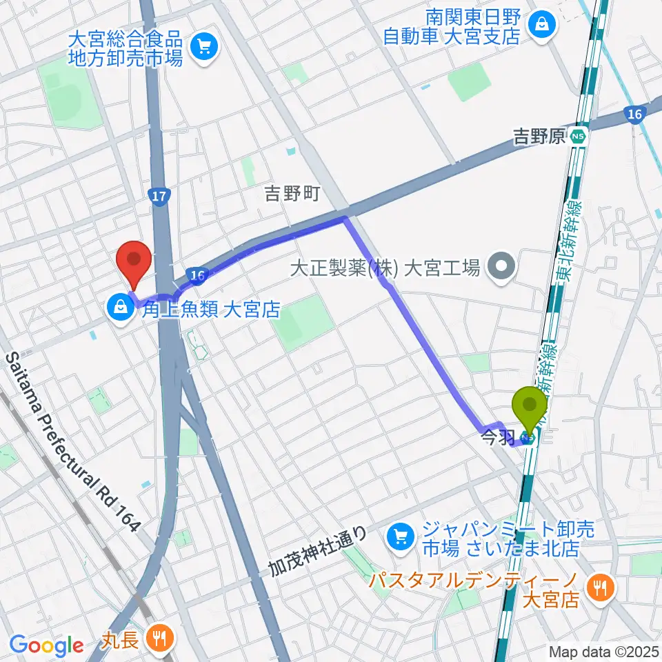 さいたまピアノ工房の最寄駅今羽駅からの徒歩ルート（約20分）地図