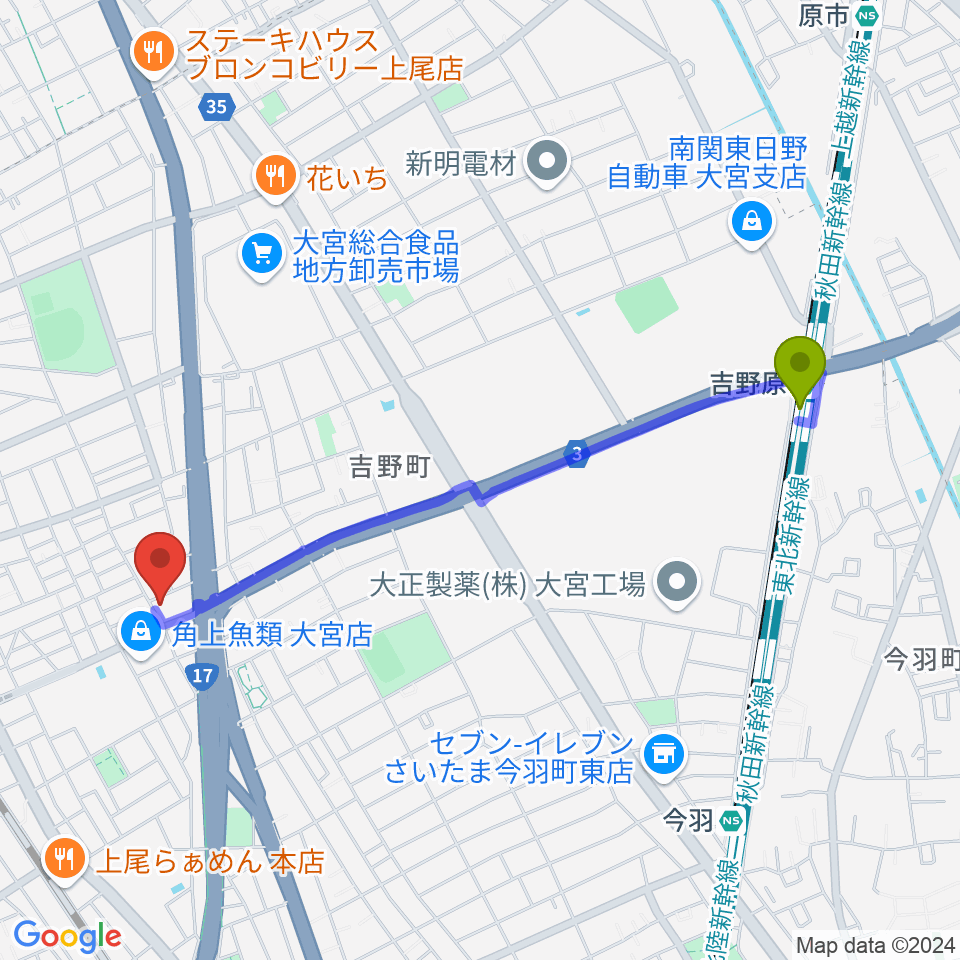 吉野原駅からさいたまピアノ工房へのルートマップ地図