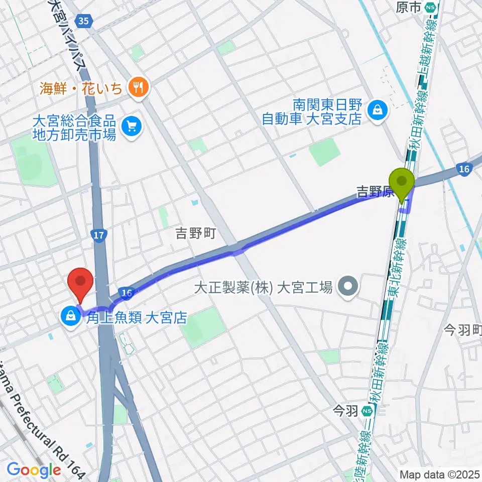 吉野原駅からさいたまピアノ工房へのルートマップ地図