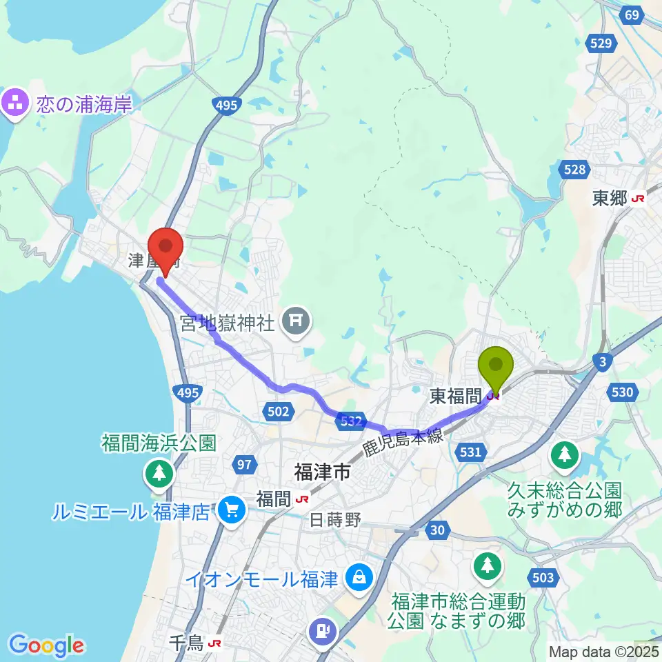 東福間駅から福津市文化会館カメリアホールへのルートマップ地図