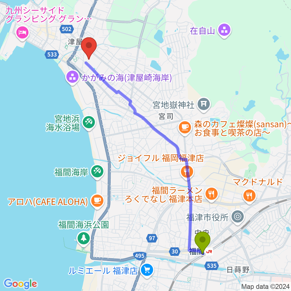 福津市文化会館カメリアホールの最寄駅福間駅からの徒歩ルート（約49分）地図