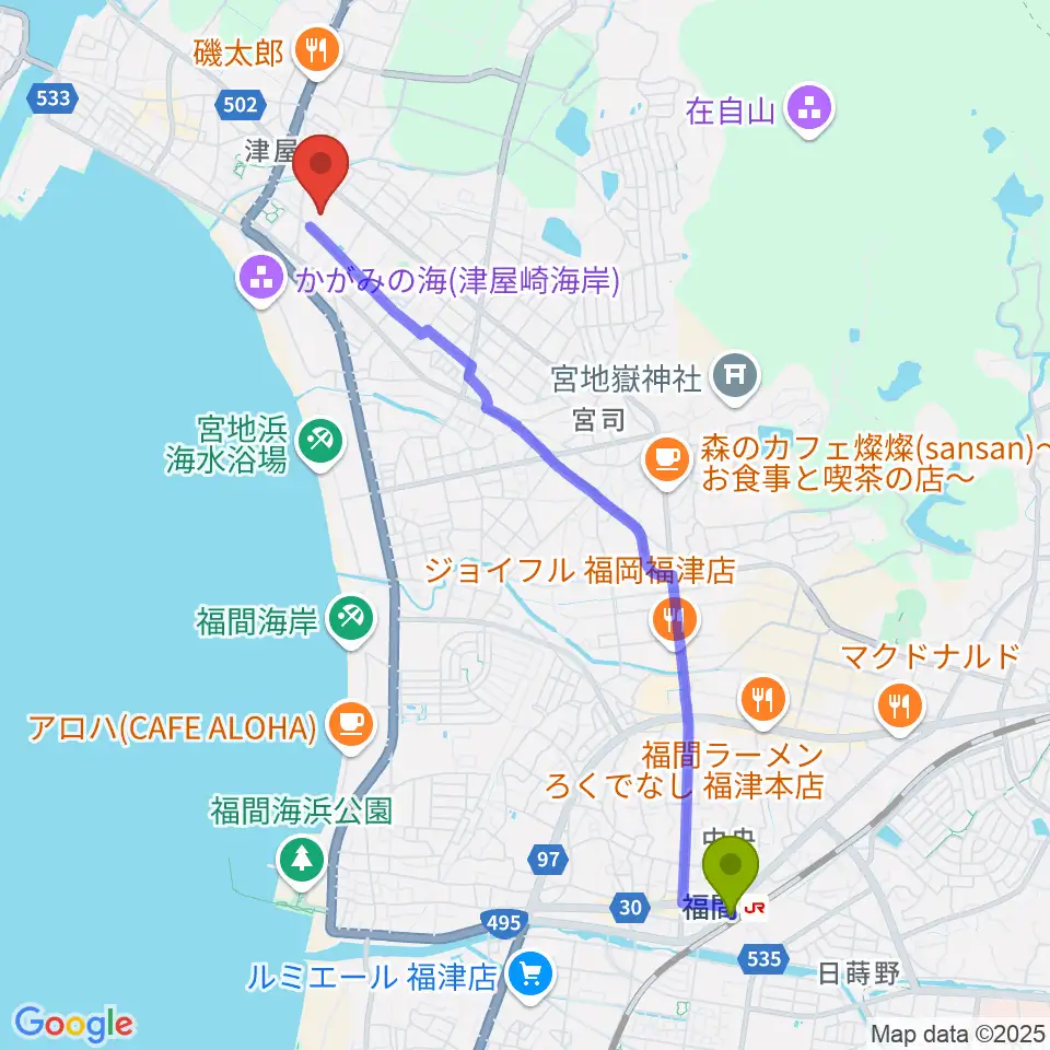 福津市文化会館カメリアホールの最寄駅福間駅からの徒歩ルート（約49分）地図