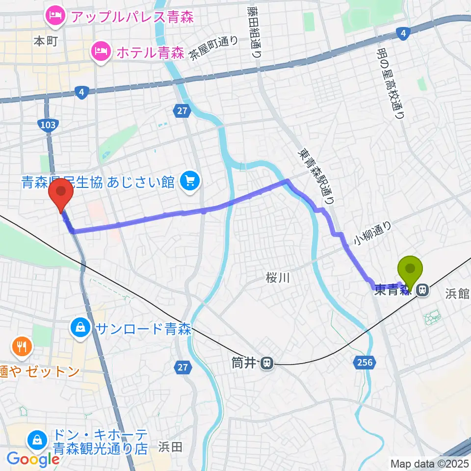 東青森駅から青森サブライムへのルートマップ地図
