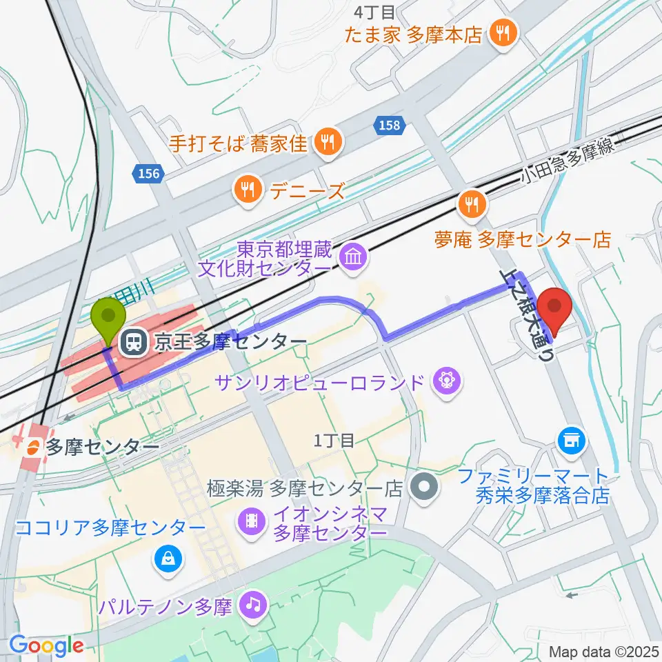 Mスタジオ多摩センター店の最寄駅京王多摩センター駅からの徒歩ルート（約10分）地図