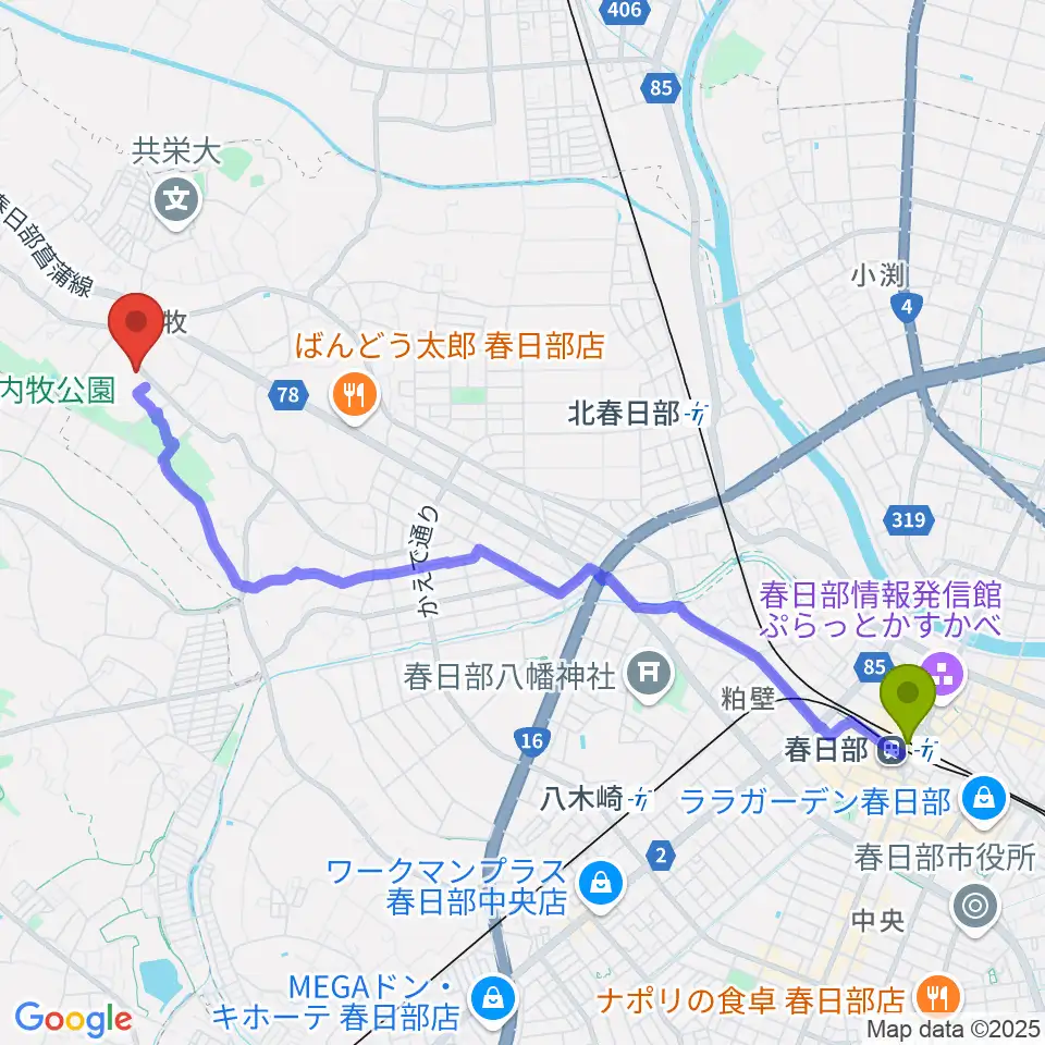 春日部駅からシオンピアノ工房へのルートマップ地図