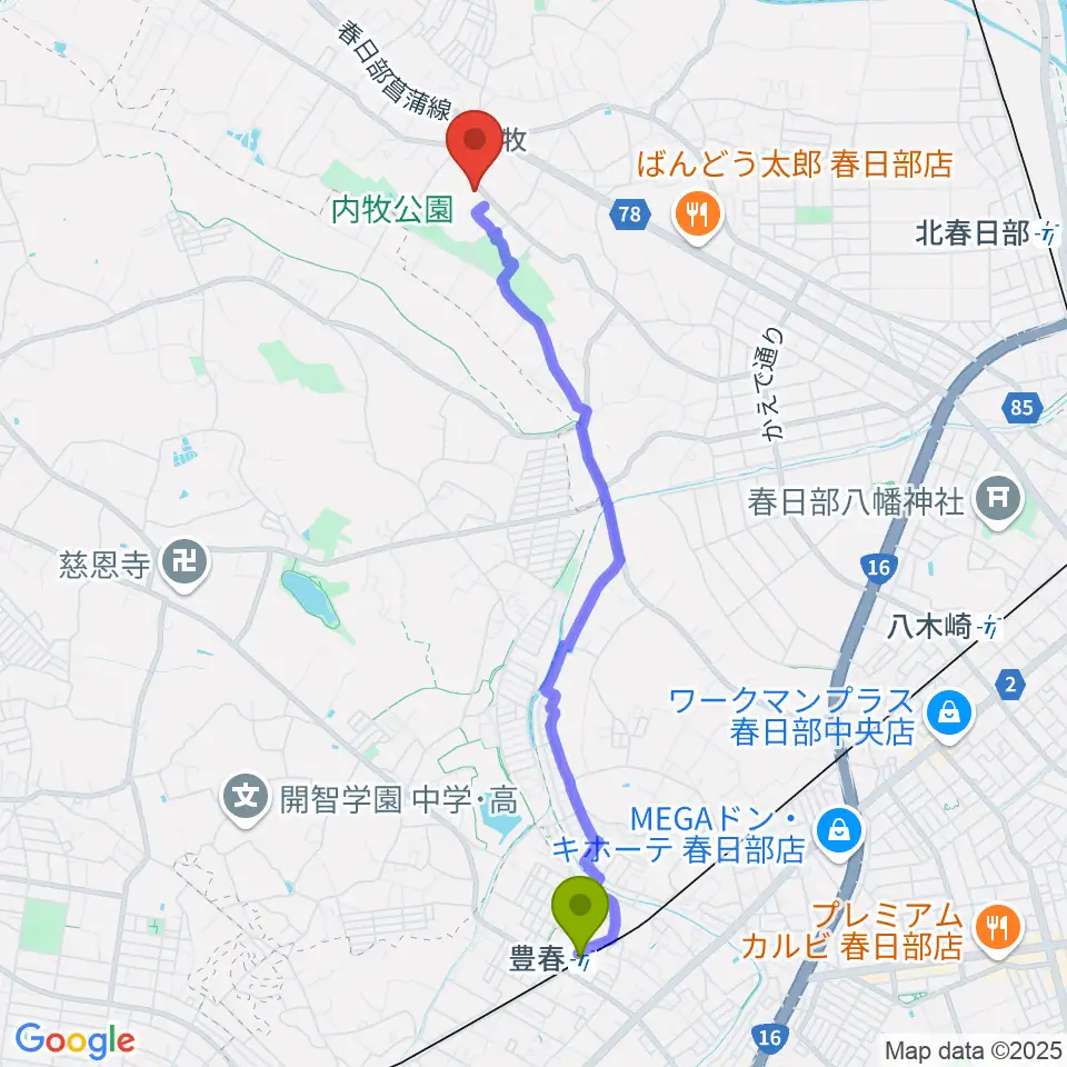 豊春駅からシオンピアノ工房へのルートマップ地図