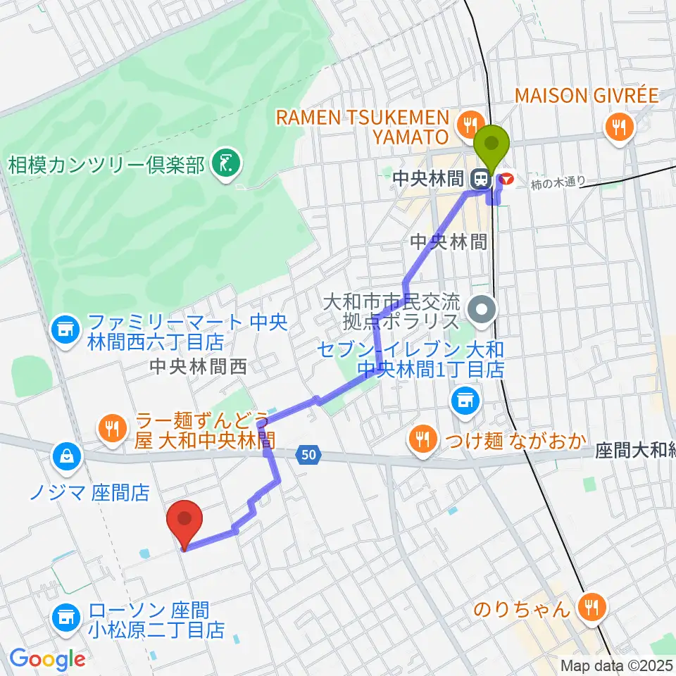 中央林間駅からきくピアノ教室へのルートマップ地図