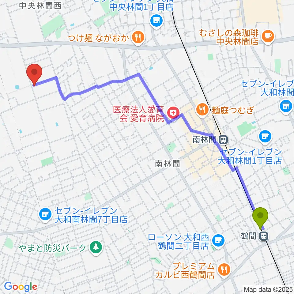 鶴間駅からきくピアノ教室へのルートマップ地図