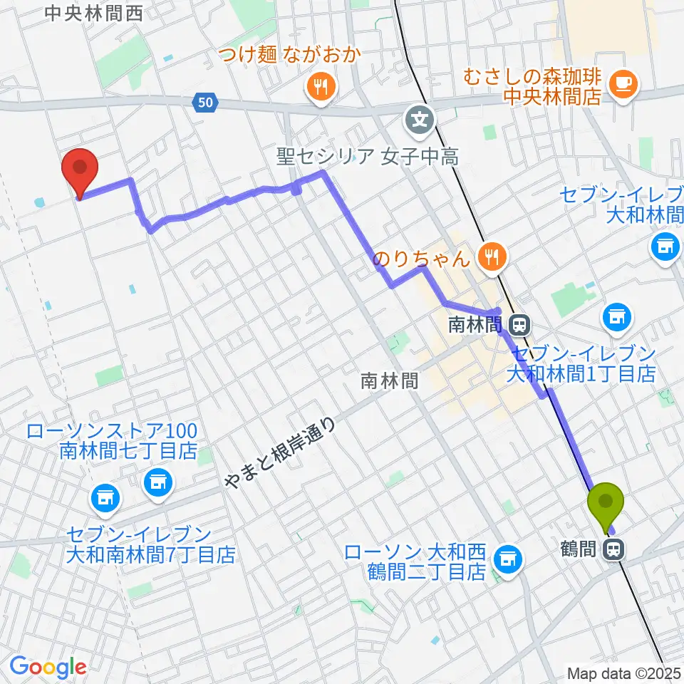 鶴間駅からきくピアノ教室へのルートマップ地図