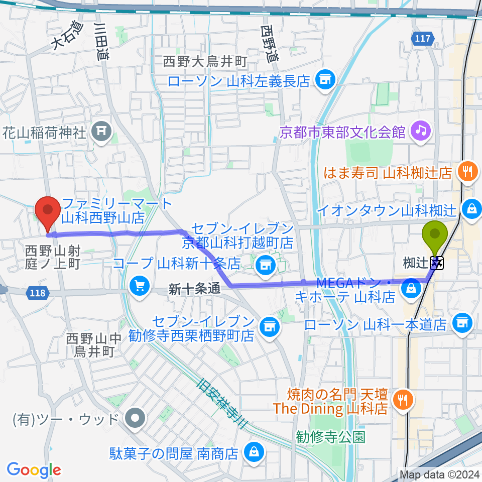 森田ピアノ工房の最寄駅椥辻駅からの徒歩ルート（約25分）地図