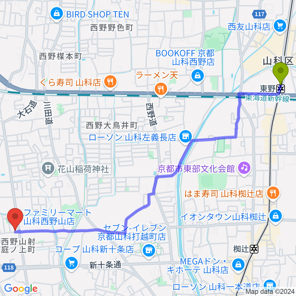 東野駅から森田ピアノ工房へのルートマップ地図