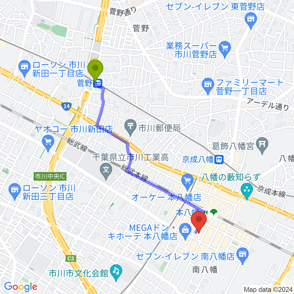 菅野駅からリンキィディンク本八幡へのルートマップ地図