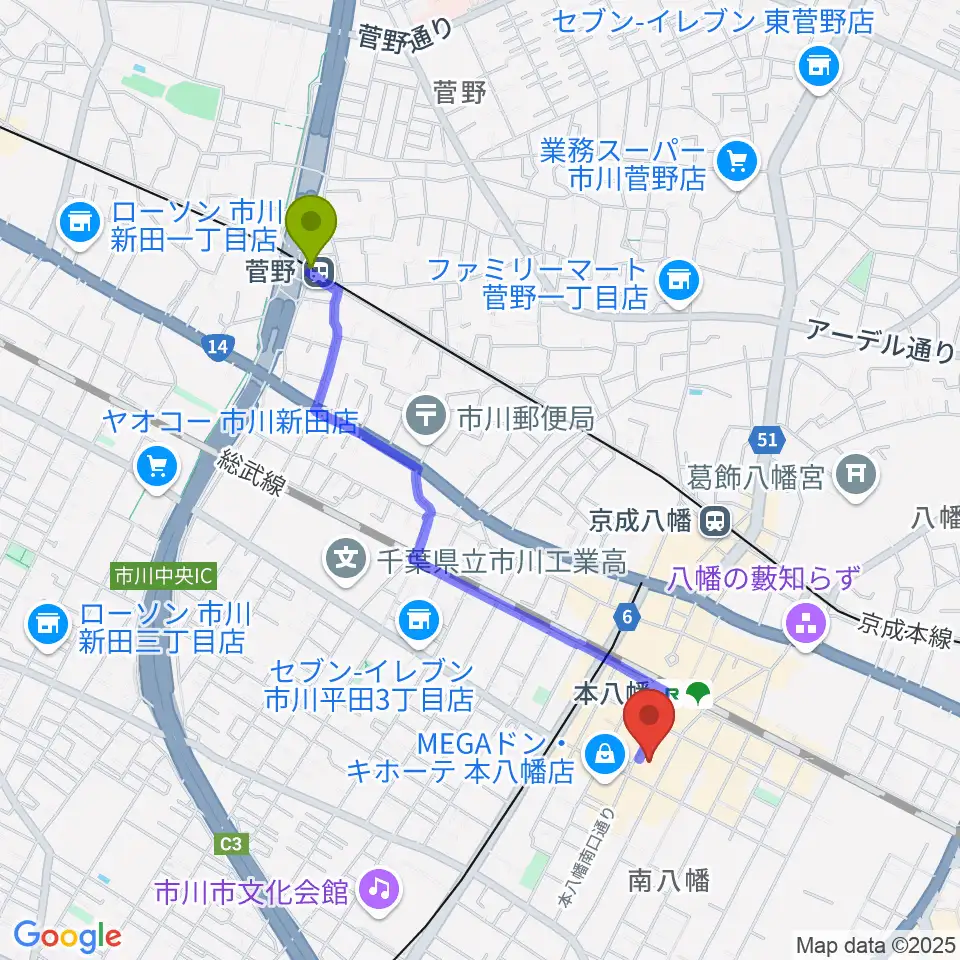 菅野駅からリンキィディンク本八幡へのルートマップ地図