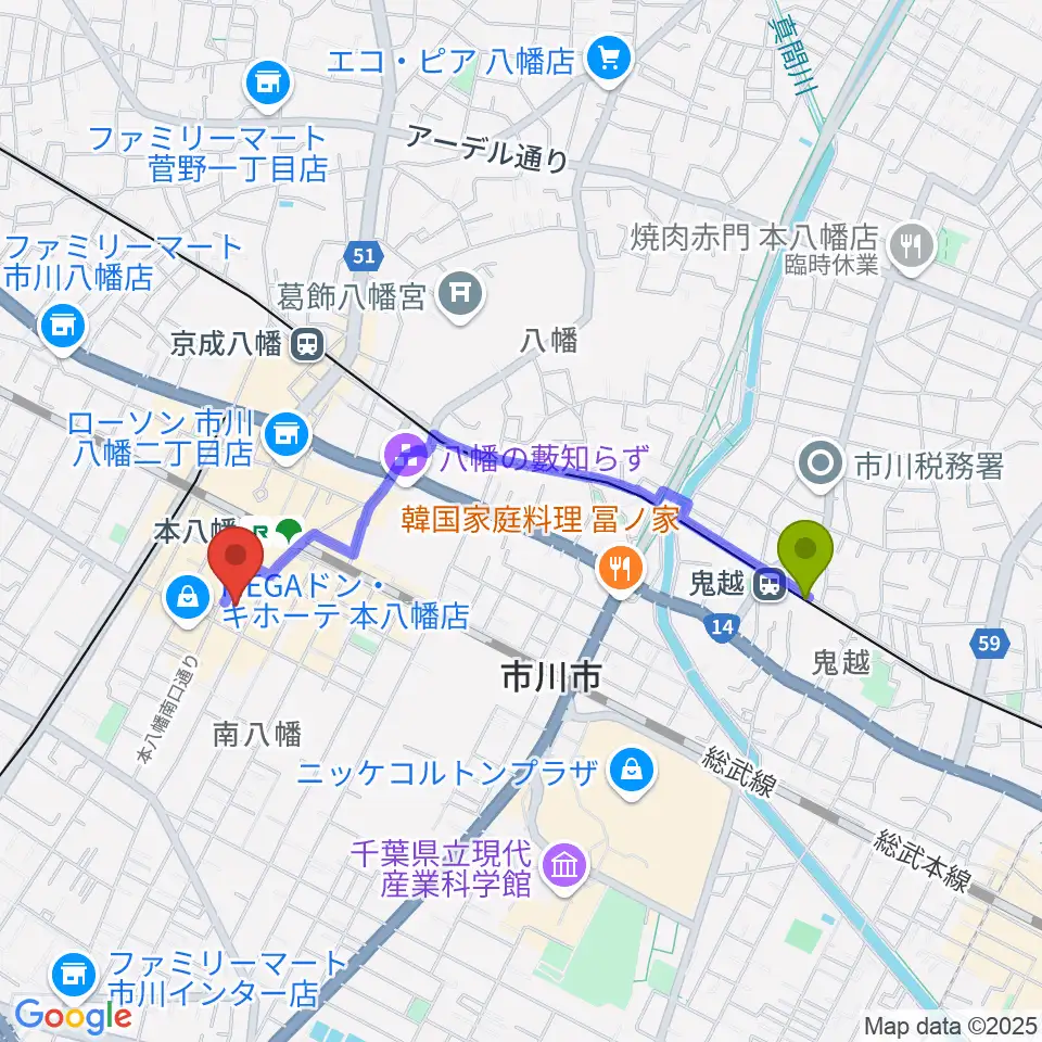 鬼越駅からリンキィディンク本八幡へのルートマップ地図