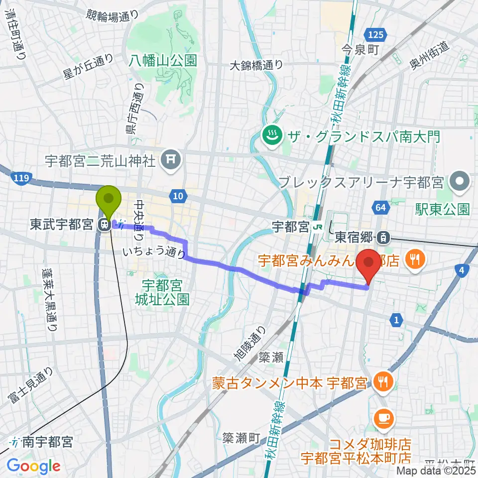 東武宇都宮駅からヤマハミュージック 宇都宮店へのルートマップ地図