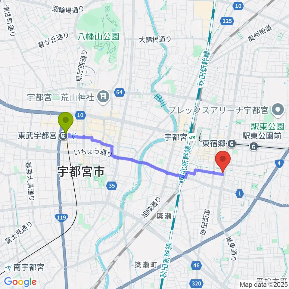 東武宇都宮駅からヤマハミュージック宇都宮店へのルートマップ地図