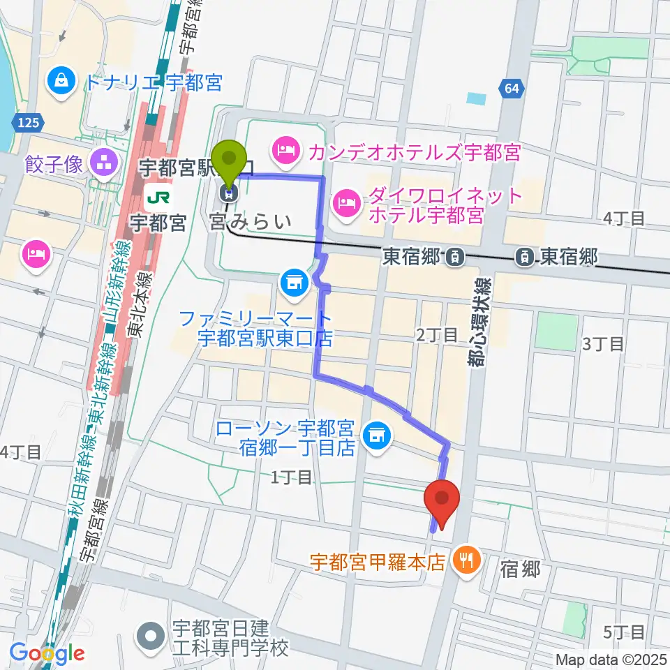 宇都宮駅東口駅からヤマハミュージック宇都宮店へのルートマップ地図