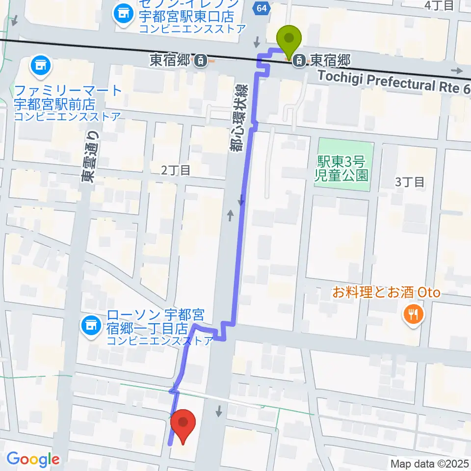 ヤマハミュージック宇都宮店の最寄駅東宿郷駅からの徒歩ルート（約6分）地図