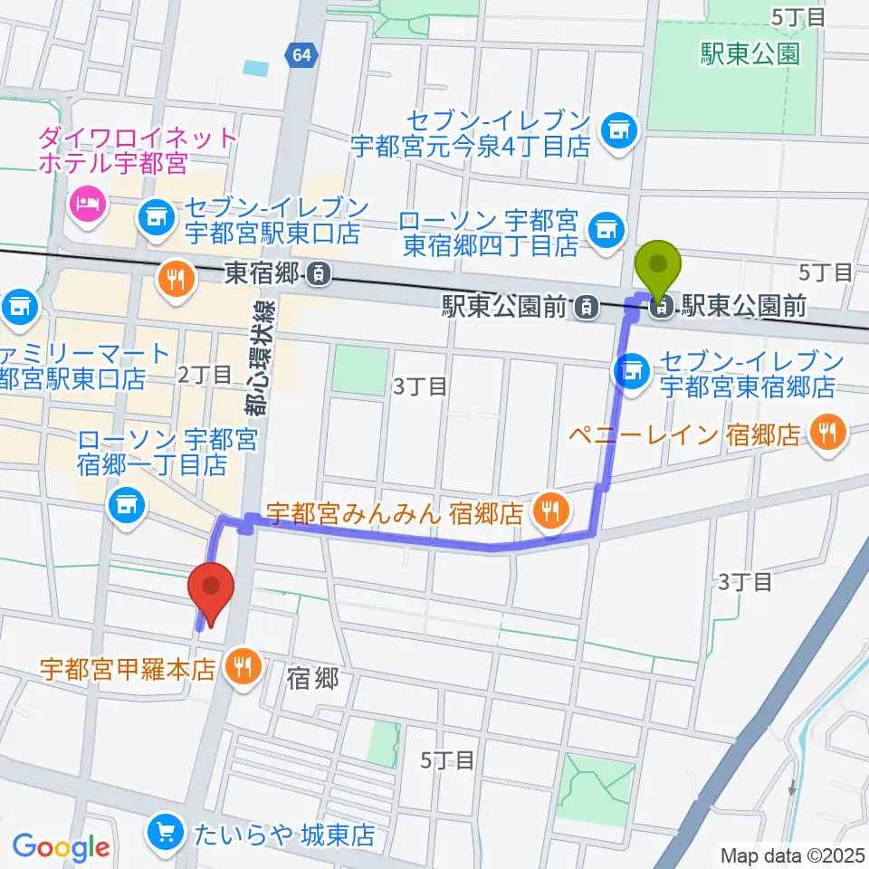 駅東公園前駅からヤマハミュージック宇都宮店へのルートマップ地図